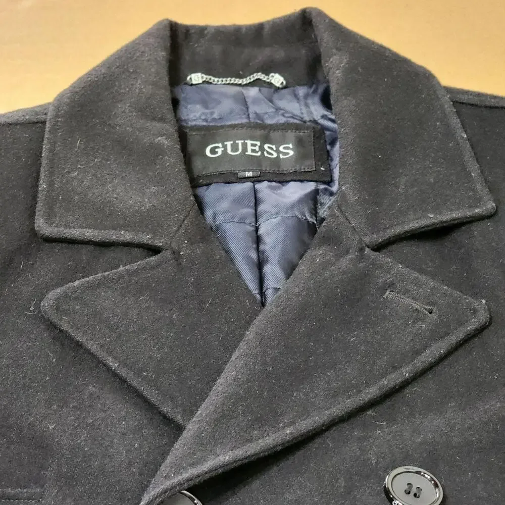 GUESS Pea Coat Mens Medium Black Wool Blend Quilted Double Breasted Winter